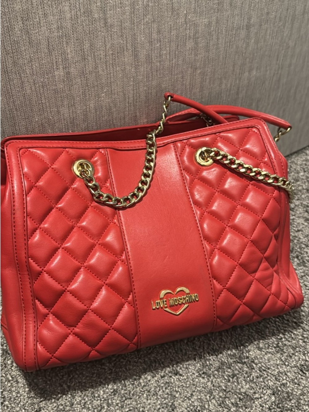 Love Moschino Red Quilted Leather Shoulder Bag with Gold Chain